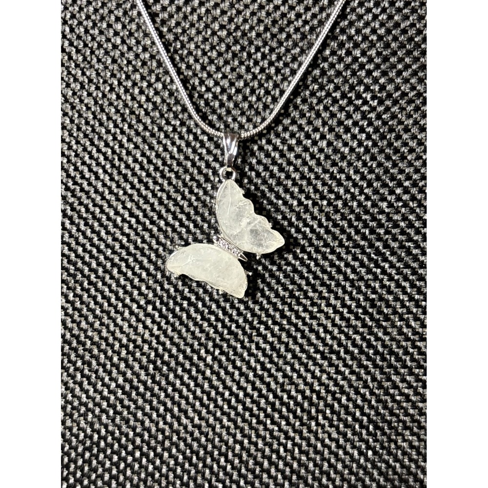 Butterfly Pendant Necklace Silver Tone Stainless Steel Snake Chain Carved Stone